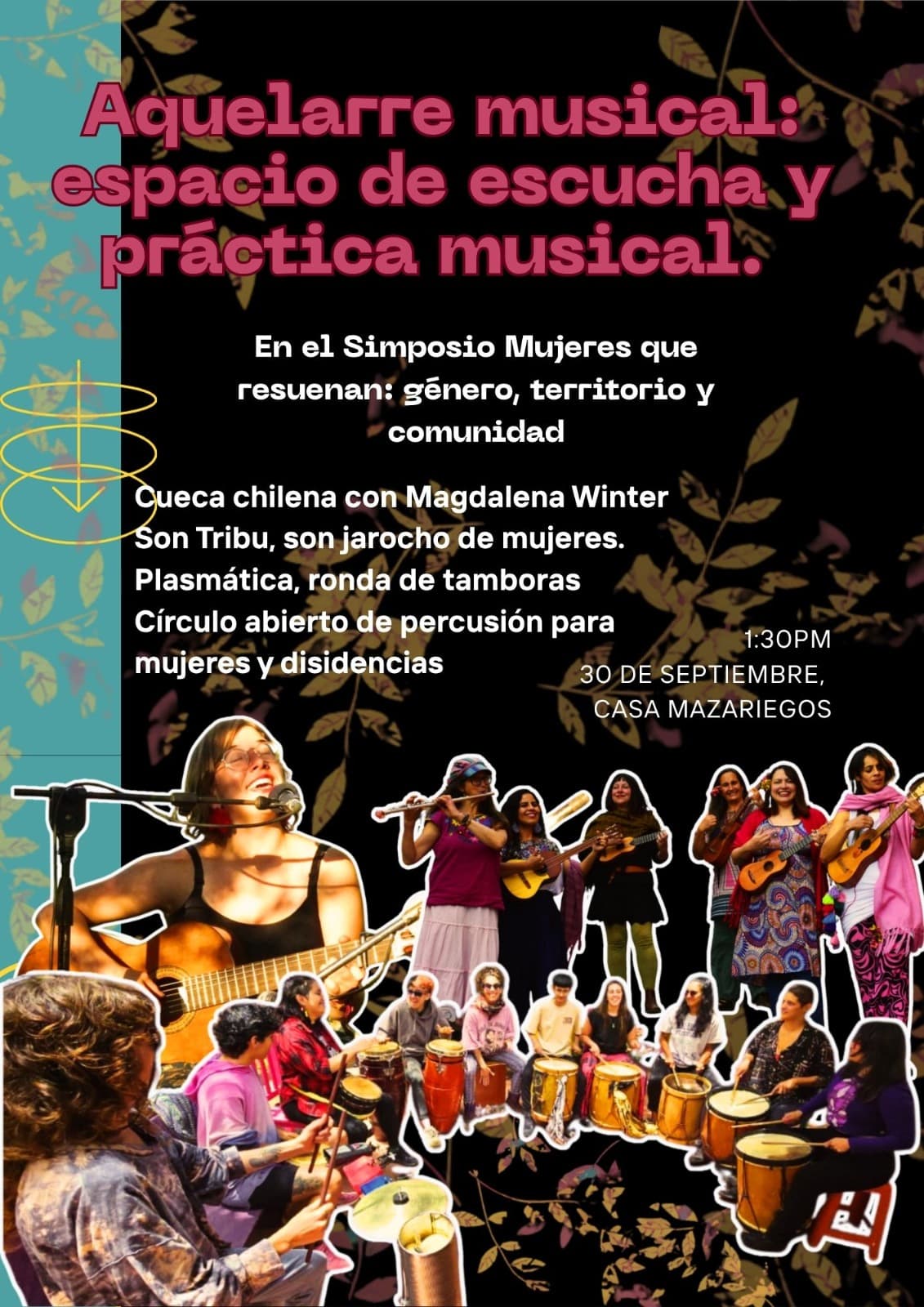 Poster-style flyer with bold pink Spanish title text on a black background, teal decorative left strip, and a collage of musicians performing with instruments in a black background area.